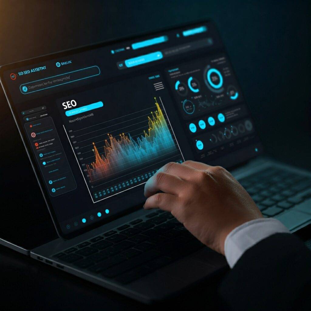 Digital dashboard interface showing SEO performance metrics